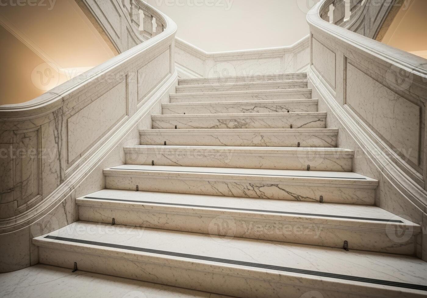 A staircase with white marble steps and railings photo