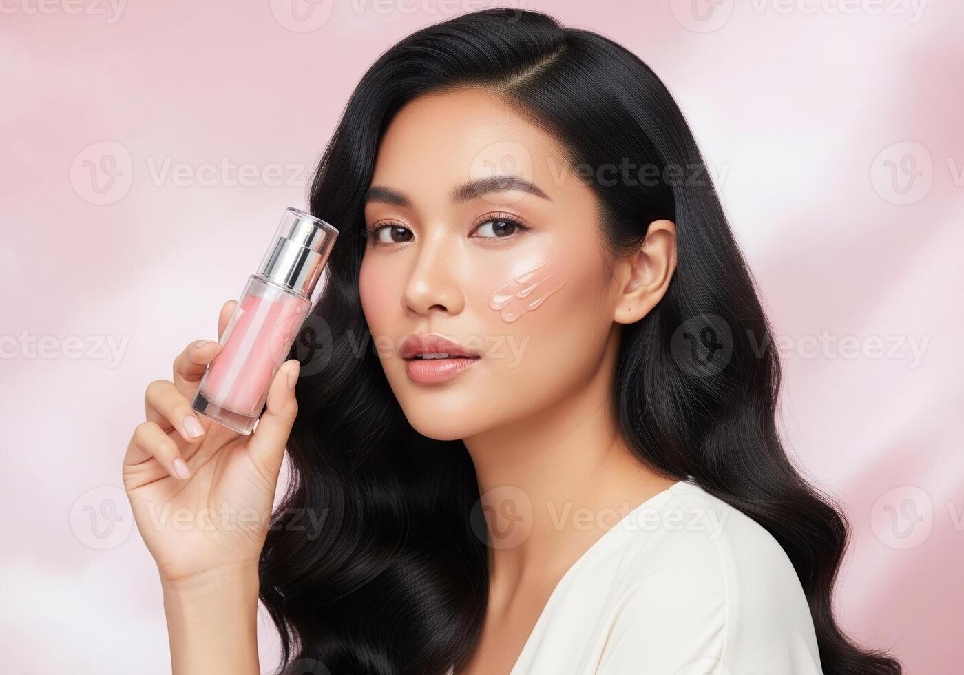 A woman with long black hair holding a pink bottle photo