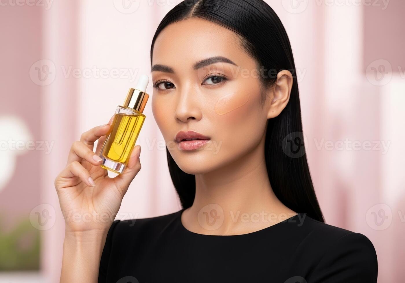 A woman holding a bottle of oil photo