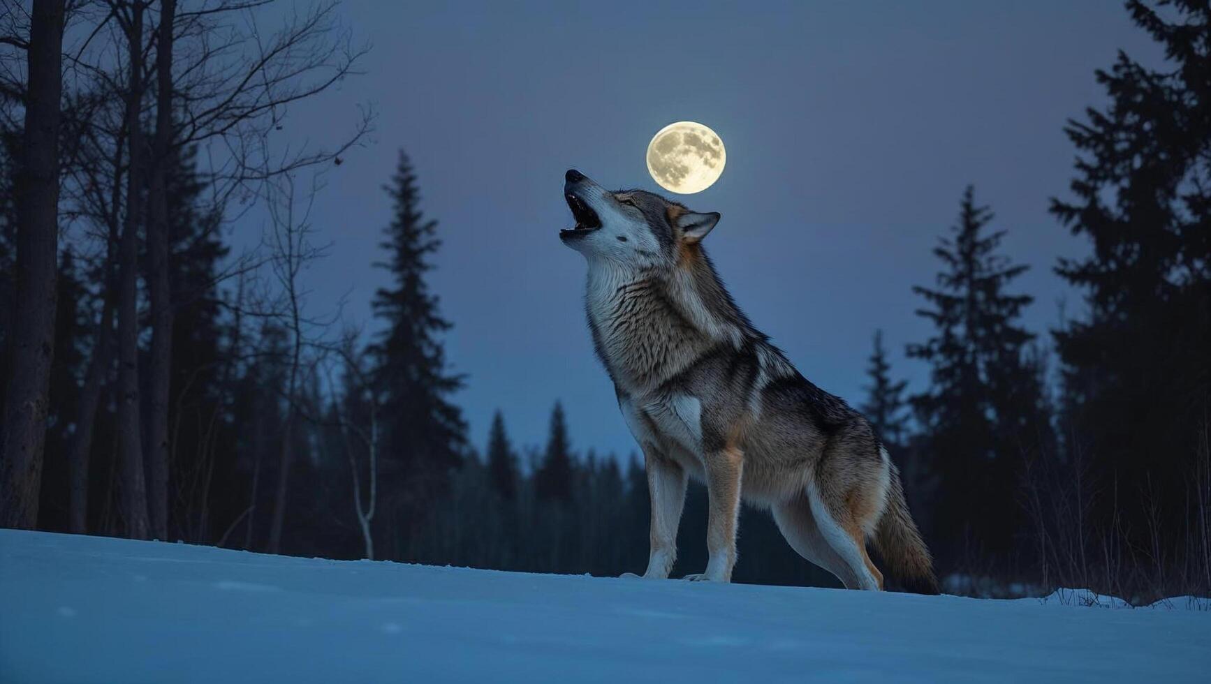 Grey wolf howling at night under full moon snowy landscape Winter Canine photo