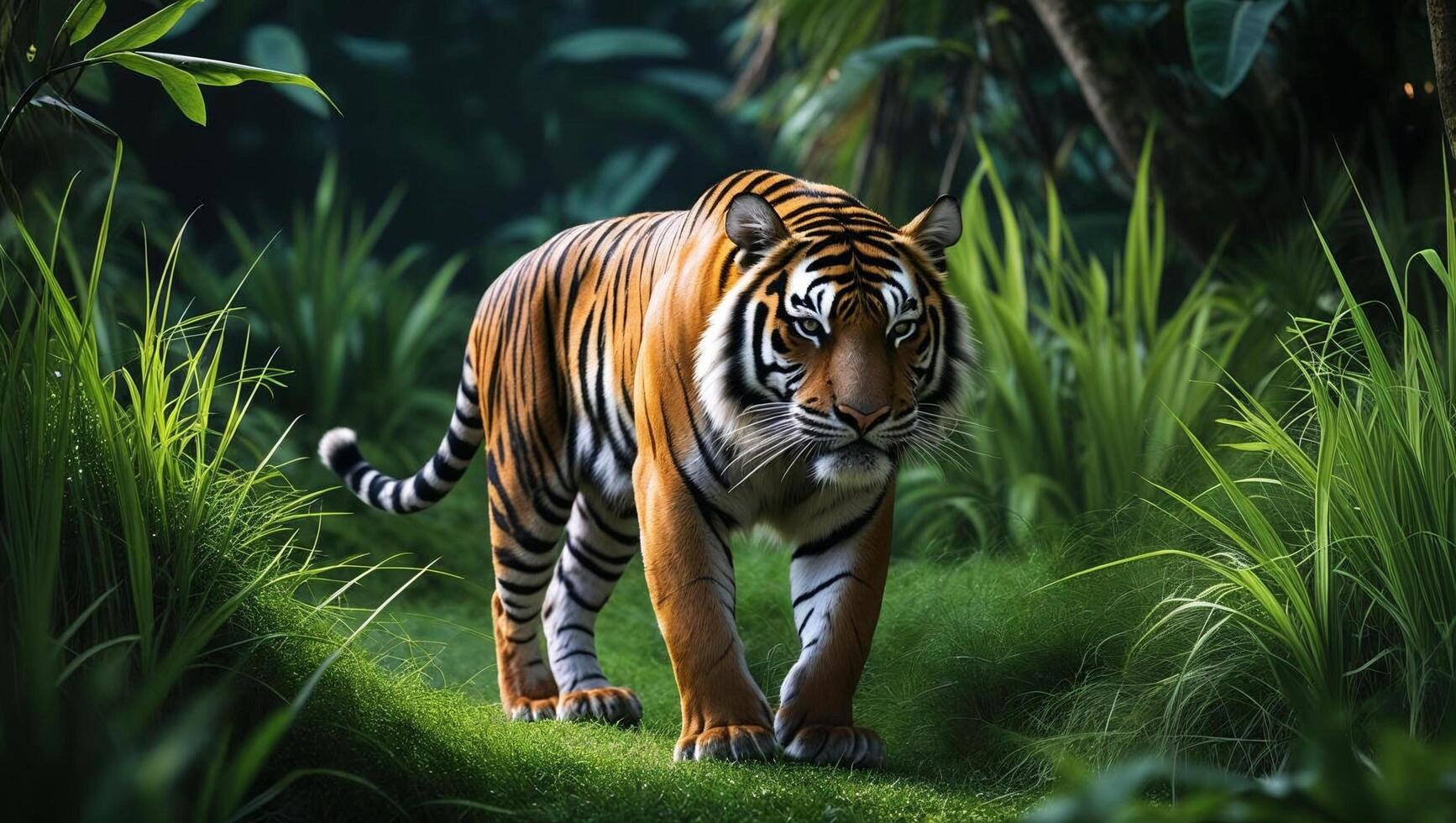 Majestic tiger walking through lush green jungle vegetation wildlife animal photo