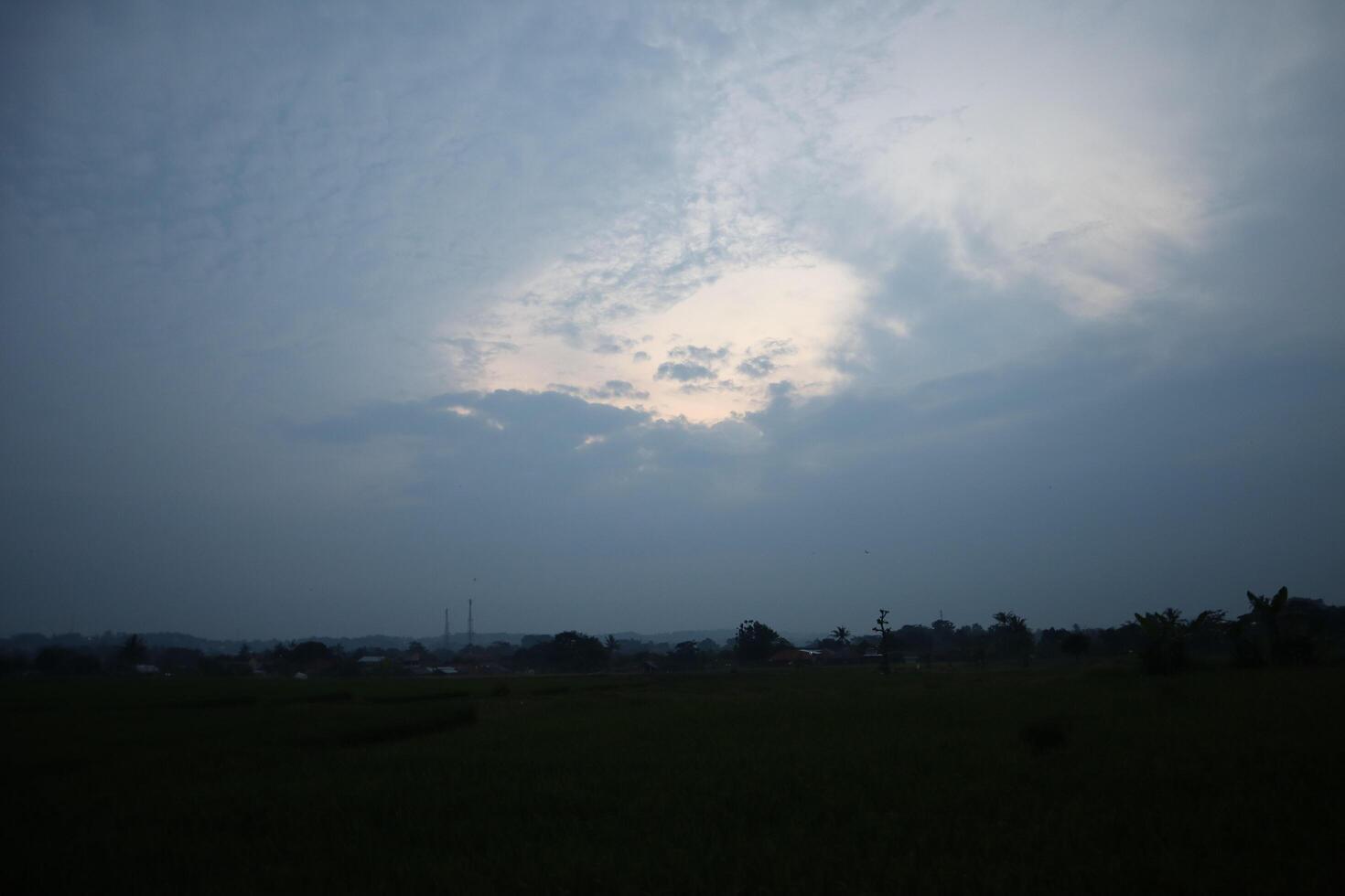 A view of a cloudy sky with a plane flying in it photo