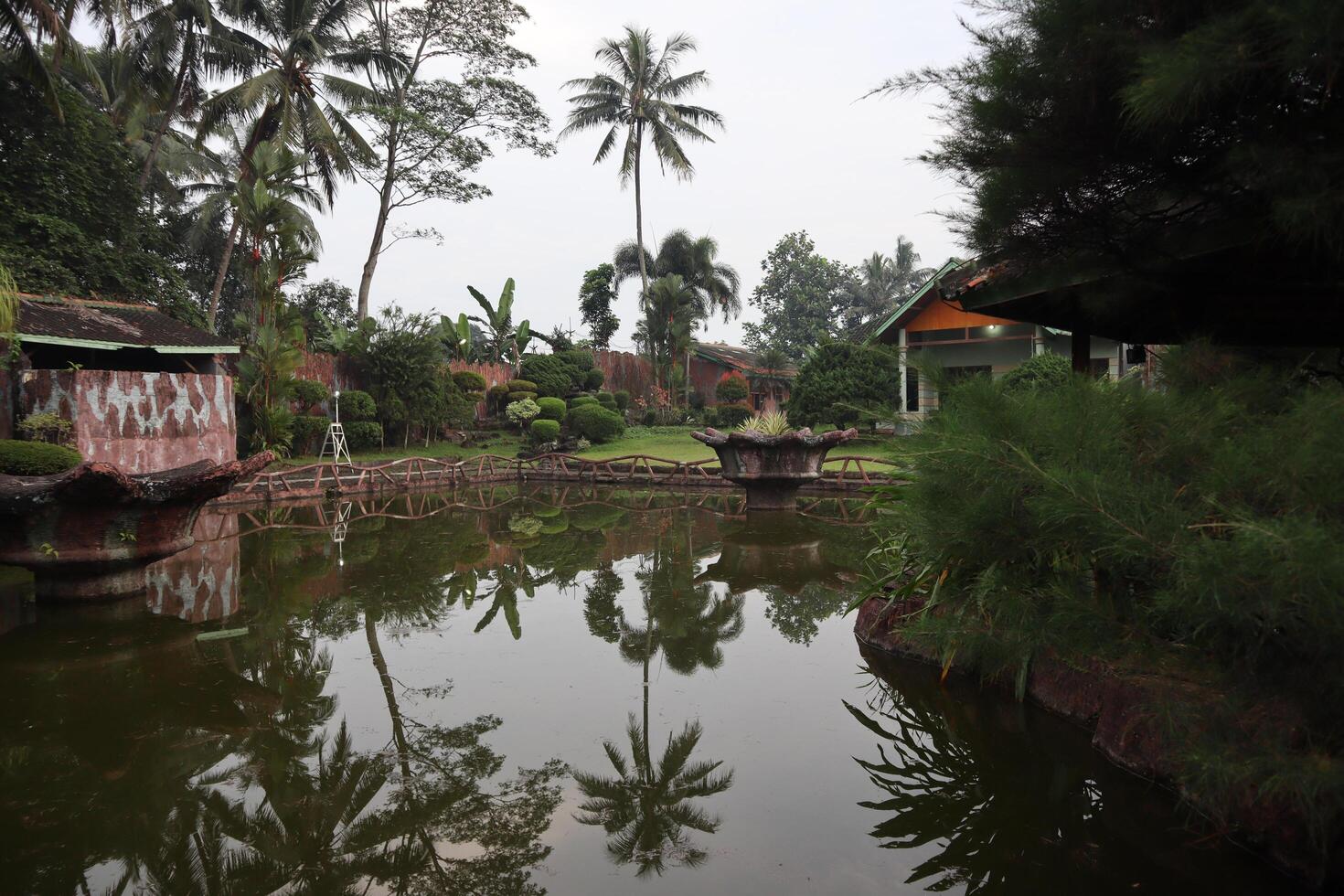A pond with a fountain in the middle of it photo