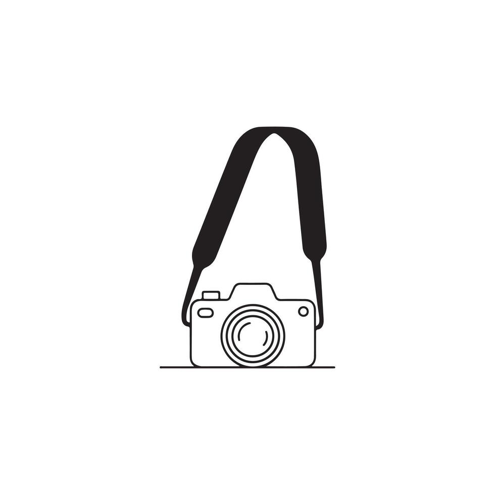 Simple black line art illustration of a camera with a strap hanging vector