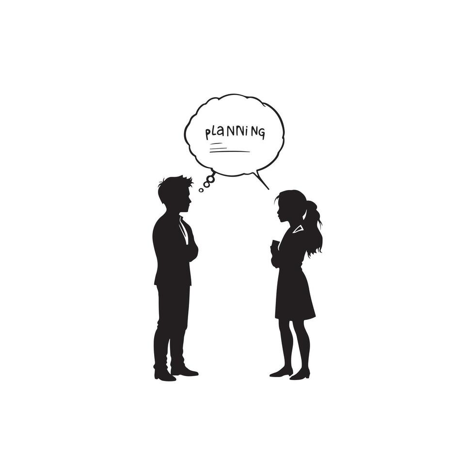 Silhouette of Business People Discussing Planning and Strategy with Thought Bubble, Brainstorming and Teamwork in a Minimalist Black and White Style vector