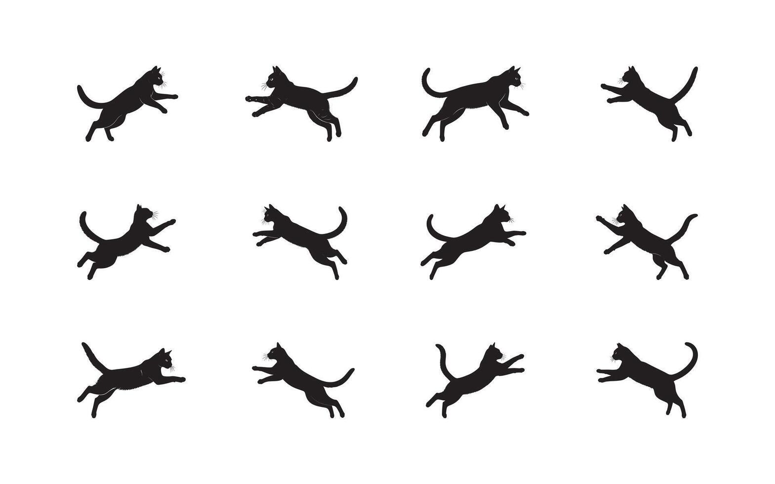 Dynamic Feline Leaps A Collection of Playful Black Cat Silhouettes on a Clean White Canvas vector