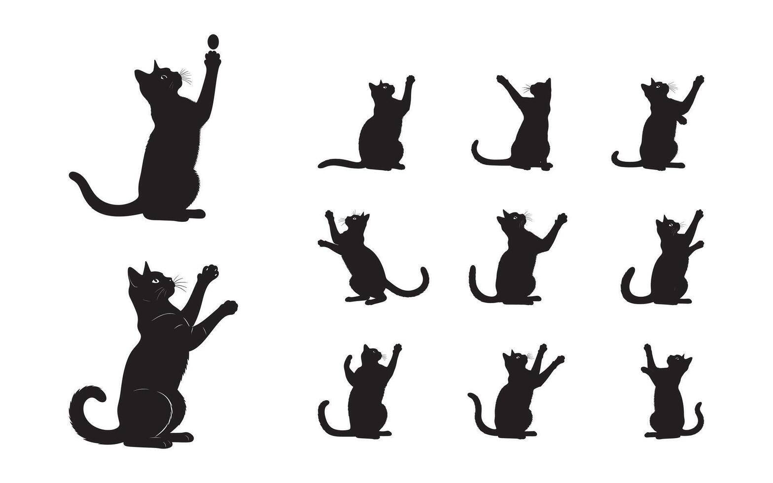 A Playful Assembly of Black Cat Silhouettes Against a White Backdrop Exhibiting Various Playful Poses and Engaging with Imaginary Objects vector