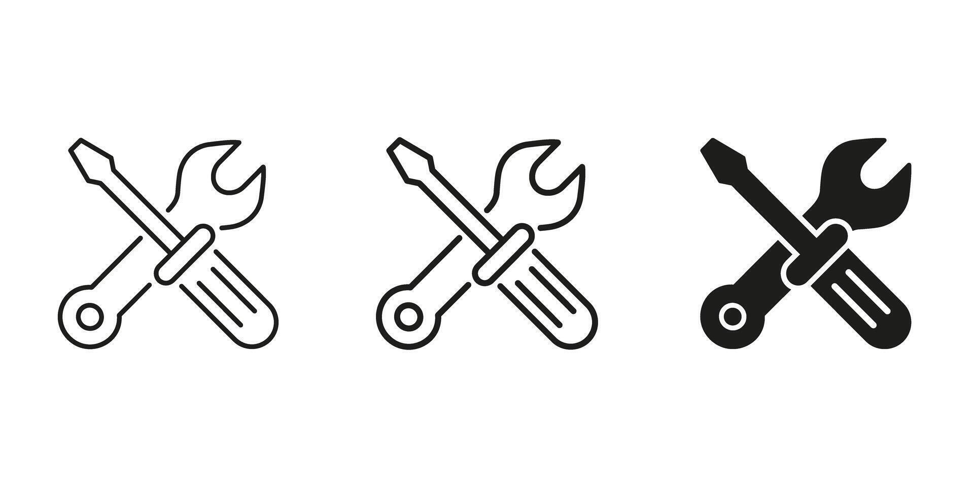 Crossed Wrench And Screwdriver Line And Solid Icon Set. Maintenance, Repair, And Tools Symbol Collection. Technical Support And Diy Concept. Isolated Illustration vector