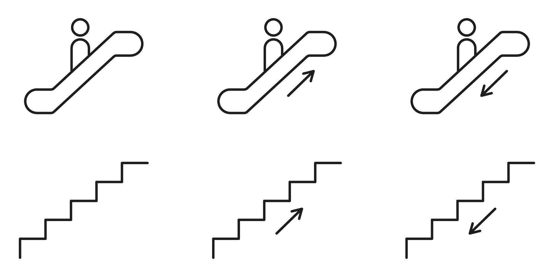 Escalator And Stair Direction Icons Set. Up And Down Movement Symbols For Navigation And Accessibility. Building Infrastructure Outline Collection. Editable Stroke. Isolated Illustration vector