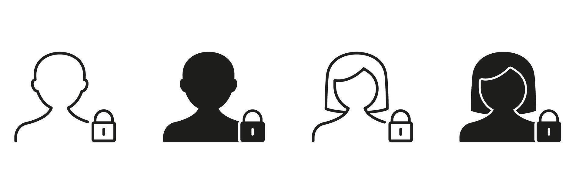User Profile Privacy Lock Icon Set. Personal Data Security And Confidentiality Outline And Silhouette Symbol Collection. User Protection And Privacy Assurance. Isolated Illustration vector