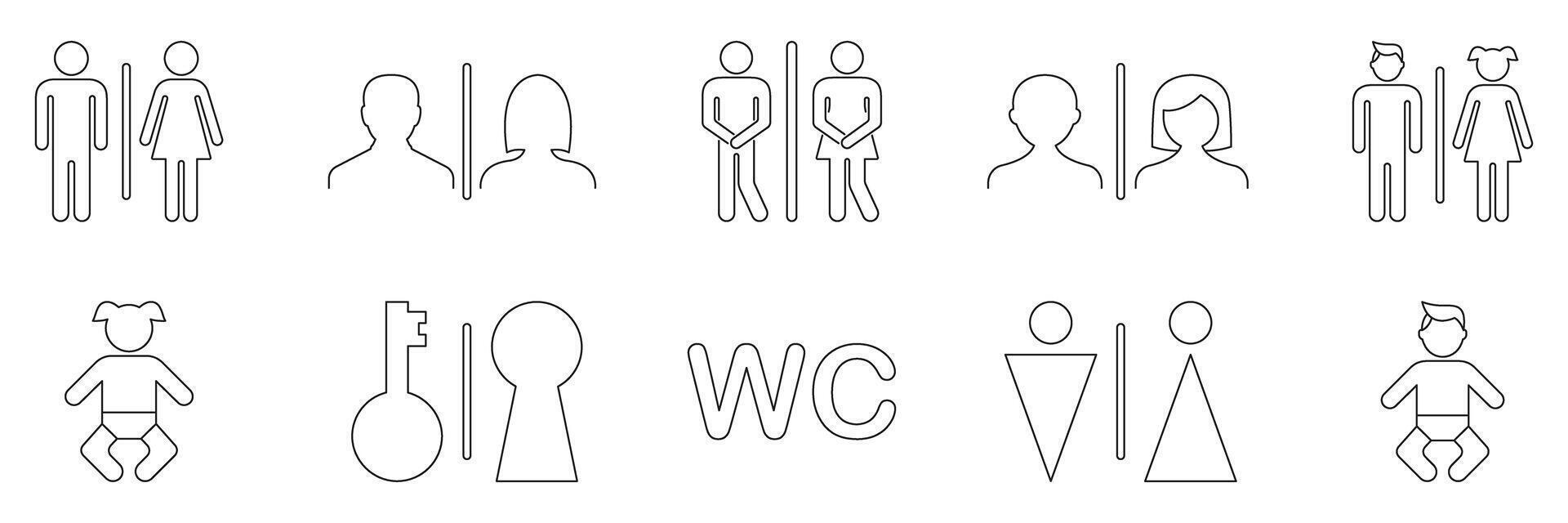 Restroom And Gender Symbols Line Icon Set. Public Toilet, Male And Female, Baby Changing and Accessibility Outline Symbol Collection. Editable Stroke. Isolated Illustration vector