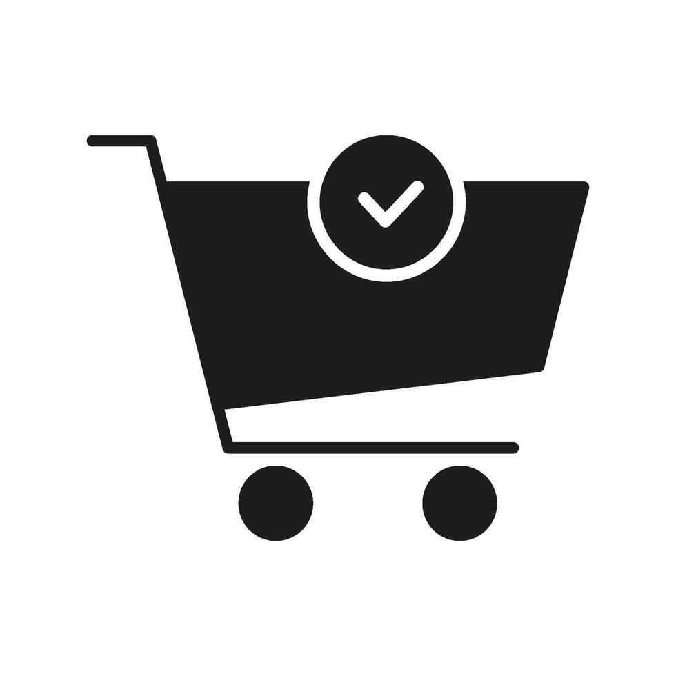 Shopping Cart With Check Mark Solid Icon. Successful Purchase, Order Completion, And E-Commerce Transaction Silhouette Symbol. Retail And Consumer Experience. Isolated Illustration vector