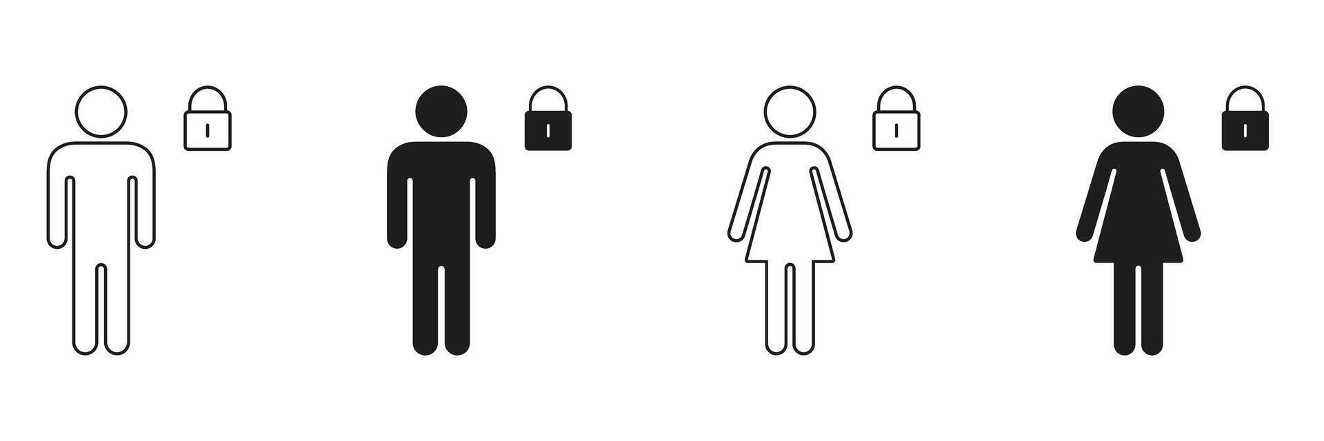 Male And Female With Lock Icon Set. Privacy, Security, And Gender-Specific Access Outline And Silhouette Symbol Collection. Personal Data Protection And Confidentiality. Isolated Illustration vector