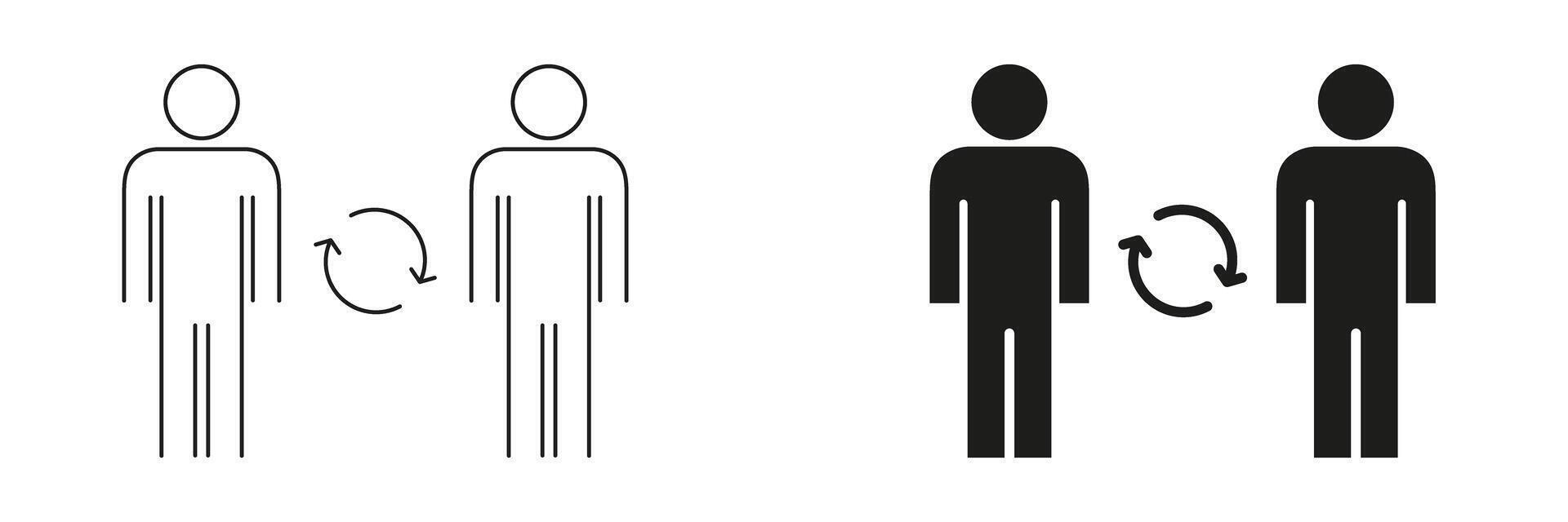 Two People With Arrows Icon Set. Communication, Interaction, And Exchange Outline And Silhouette Symbol Collection. Social Connection And Collaboration. Isolated Illustration vector