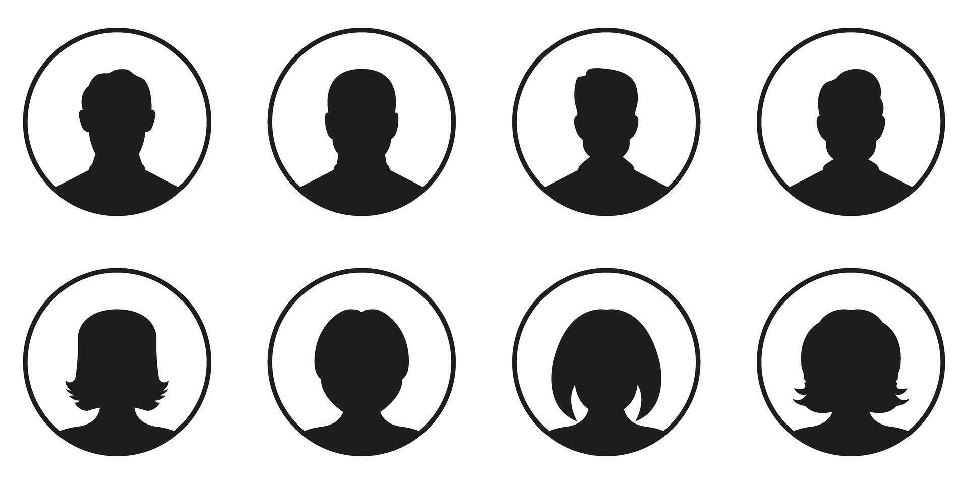 Male and Female Avatar Profile Silhouettes in Circular Frames Solid Icon Set. User Identity and Default Profile Placeholder Silhouette Symbol Collection. Isolated Illustration vector