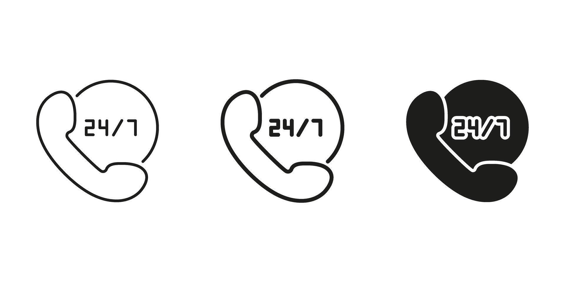 24 7 Customer Support Phone Icon Set. Round-The-Clock Service And Assistance Outline And Silhouette Symbol Collection. Communication And Helpline Availability. Isolated Illustration vector