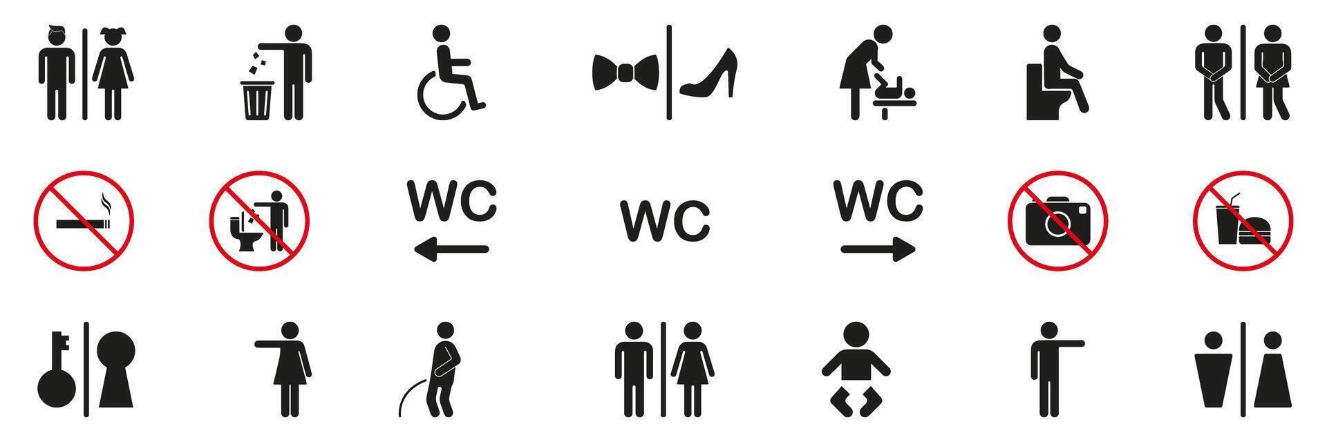 Restroom And Facility Sign Solid Icon Set. Public Amenities, Accessibility and Prohibition Symbols Collection. Includes No Smoking, No Photography and Wc Directions. Isolated Illustration vector