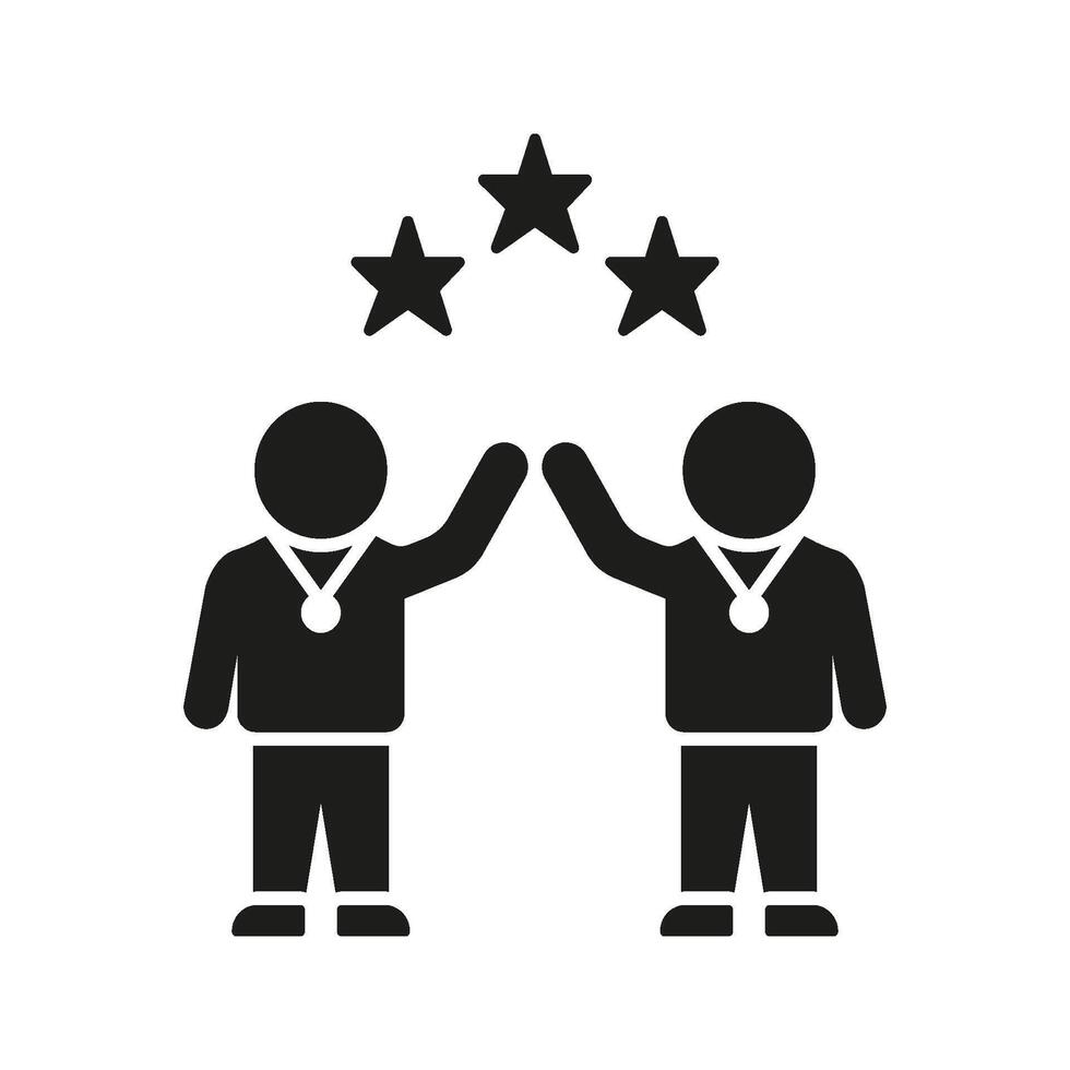 Two People High-Fiving With Medals And Stars Solid Icon. Teamwork, Achievement, And Success Celebration Silhouette Symbol. Collaborative Victory And Recognition. Isolated Illustration vector