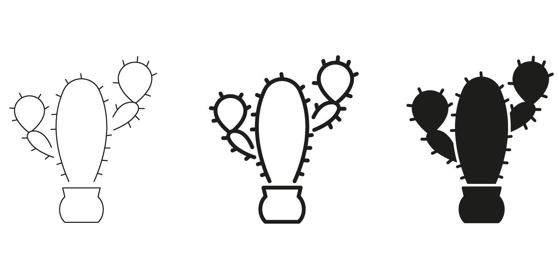 Cactus In Pot In Line, Outline, And Glyph Icon Set. Desert Plant, Succulent, And Nature Symbol Collection. Botanical And Eco-Friendly Design Elements. Isolated Illustration vector