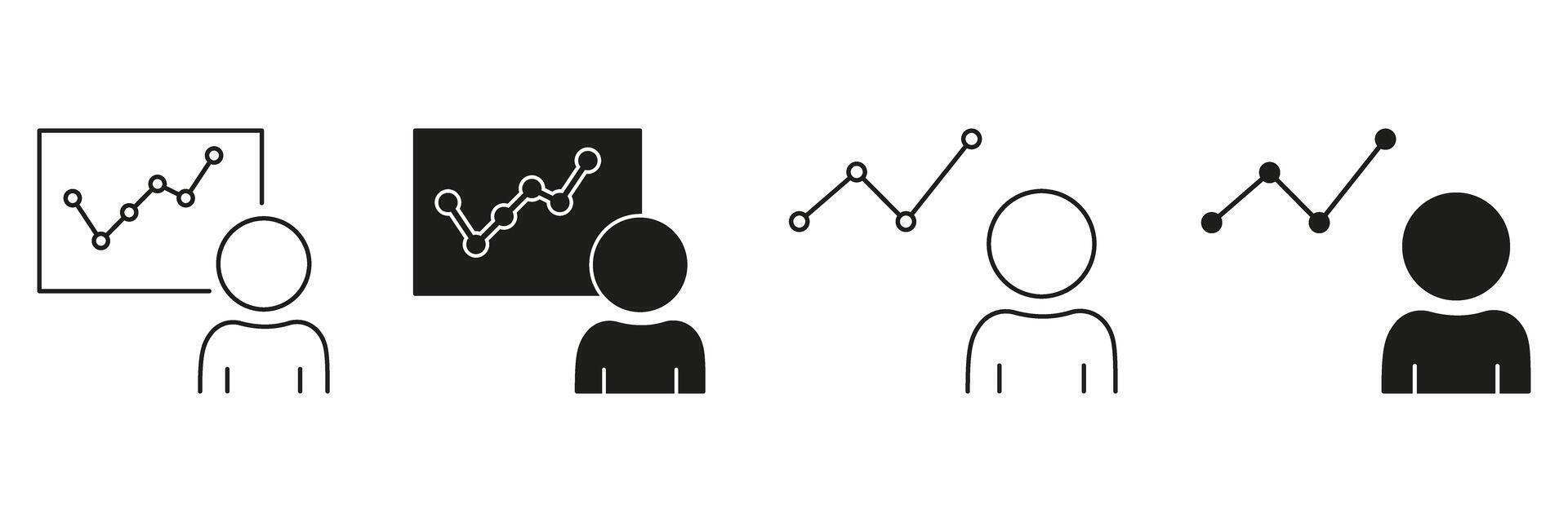 Person Analyzing Graph Line And Solid Icon Set. Data Analysis, Business Growth, And Performance Evaluation Symbol Collection. Financial And Statistical Insights. Isolated Illustration vector