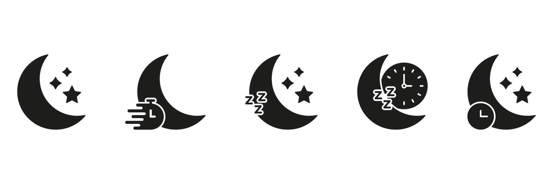 Moon And Sleep Icons Solid Icon Set. Nighttime, Sleep Tracking, And Restful Sleep Silhouette Symbol Collection. Sleep Quality And Night Routine Representation. Isolated Illustration vector