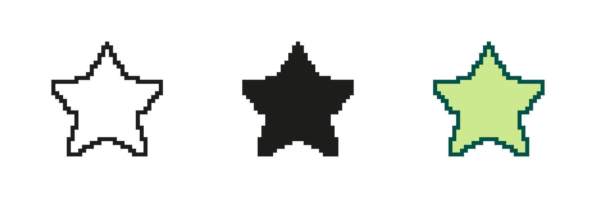 Star Icon Set In Pixel Art. Pixelated Five-Pointed Star. Symbol of Excellence and Achievement. Pixelated Star Shape for Ratings or Rewards. Isolated Illustration vector