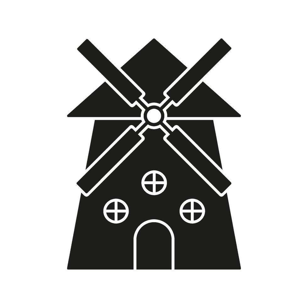 Windmill Solid Icon. Renewable Energy, Agriculture, And Traditional Milling Silhouette Symbol. Sustainable Power Generation And Rural Landscape Representation. Isolated Illustration vector