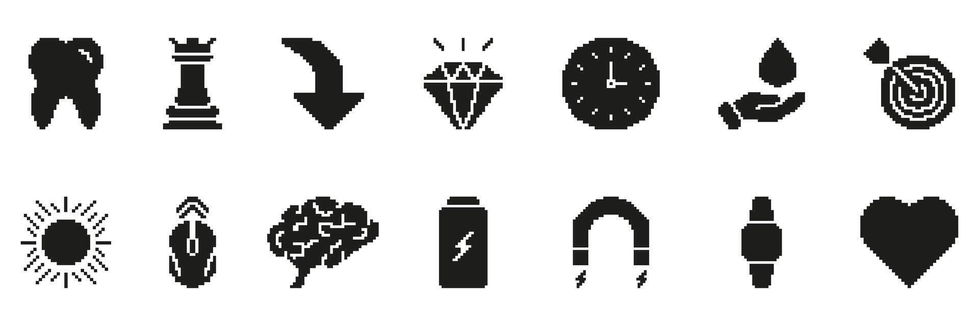 Pixel Art Icon Set Featuring Tooth, Chess Rook, Arrow, Diamond, Clock, Water Drop, Target, Sun. Diverse Retro Symbol Collection For Various Applications. Isolated Illustration vector