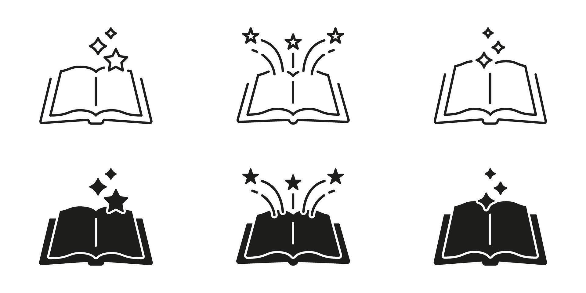 Open Book With Stars Line And Solid Icon Set. Imagination, Knowledge, And Creativity Symbol Collection. Educational And Inspirational Concept. Isolated Illustration vector