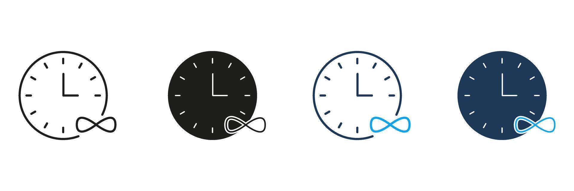 Clock With Infinity Symbol Line And Solid Icon Set. Timelessness, Eternity, And Infinite Time Concept Symbol Collection. Perpetual Time Representation. Isolated Illustration vector
