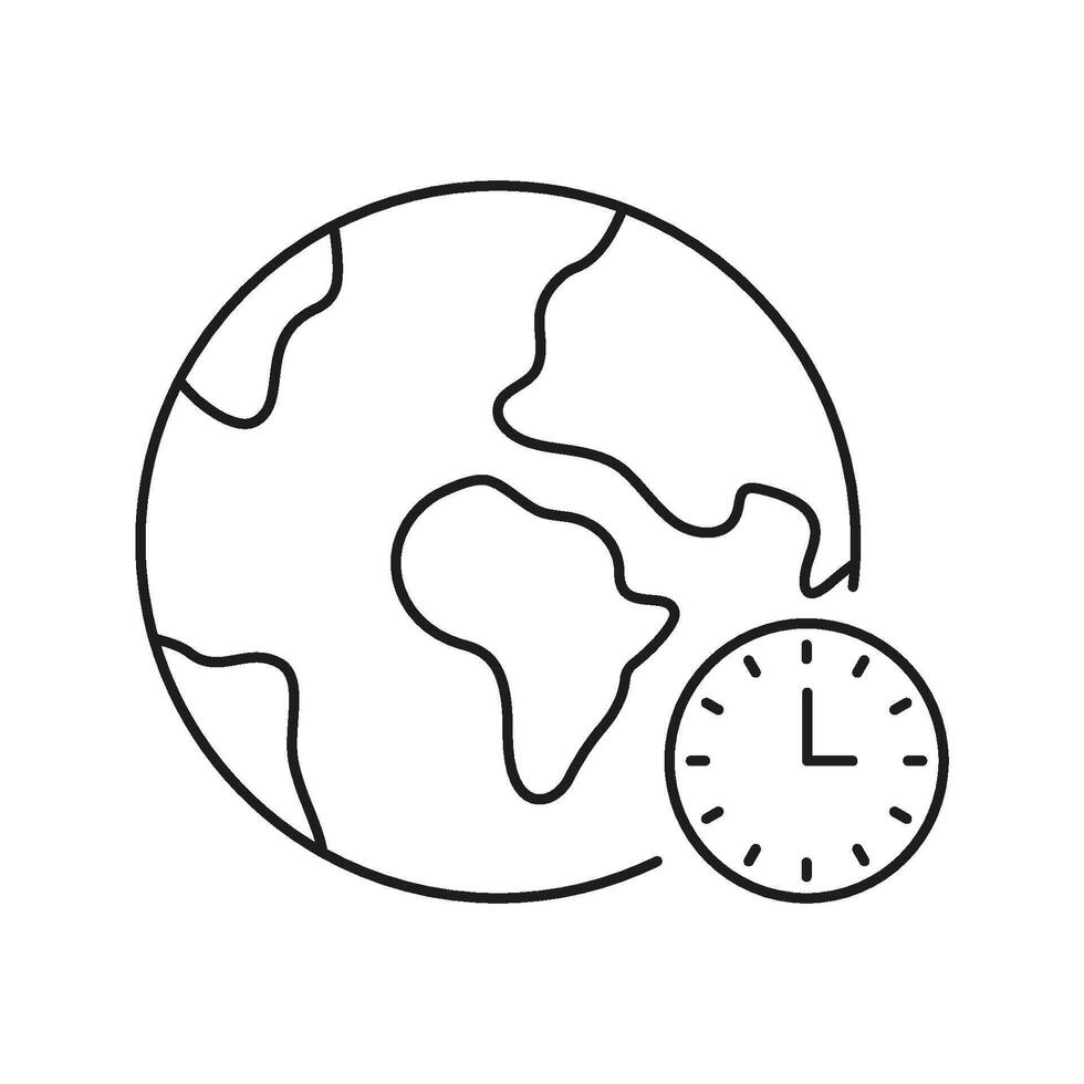 World Globe With Clock Line Icon. Global Time Management And International Scheduling Outline Symbol. Time Zone Awareness And Worldwide Coordination. Editable Stroke. Isolated Illustration vector