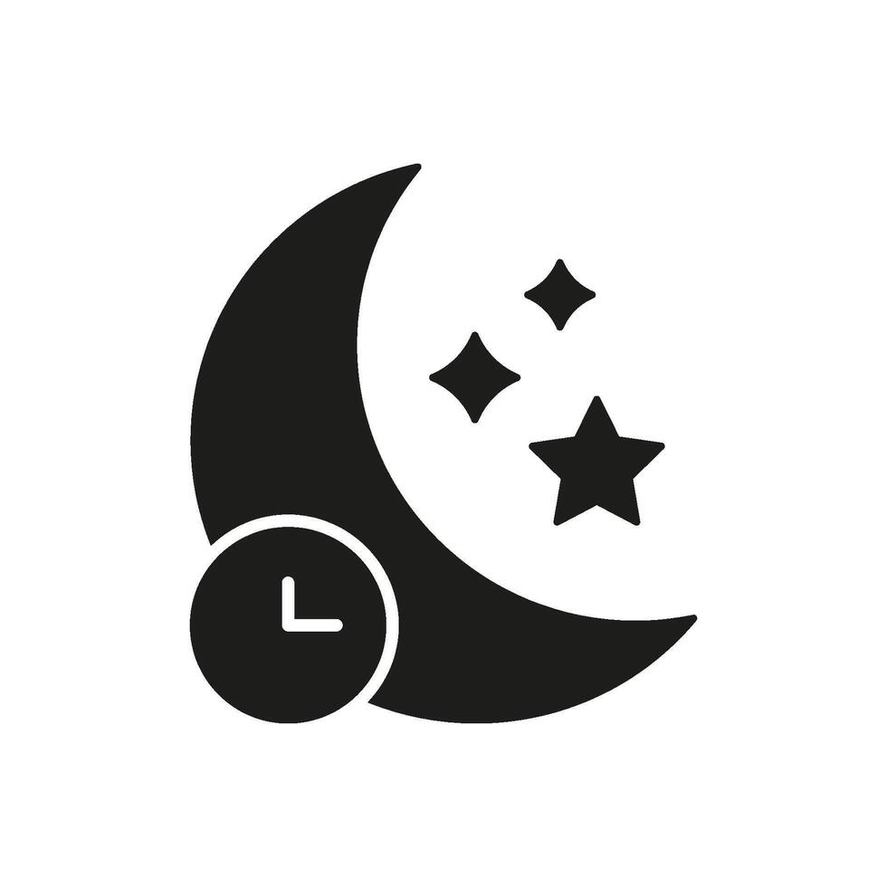 Crescent Moon With Clock And Stars Solid Icon. Nighttime, Sleep Schedule, And Bedtime Routine Silhouette Symbol. Time Management And Rest. Isolated Illustration vector