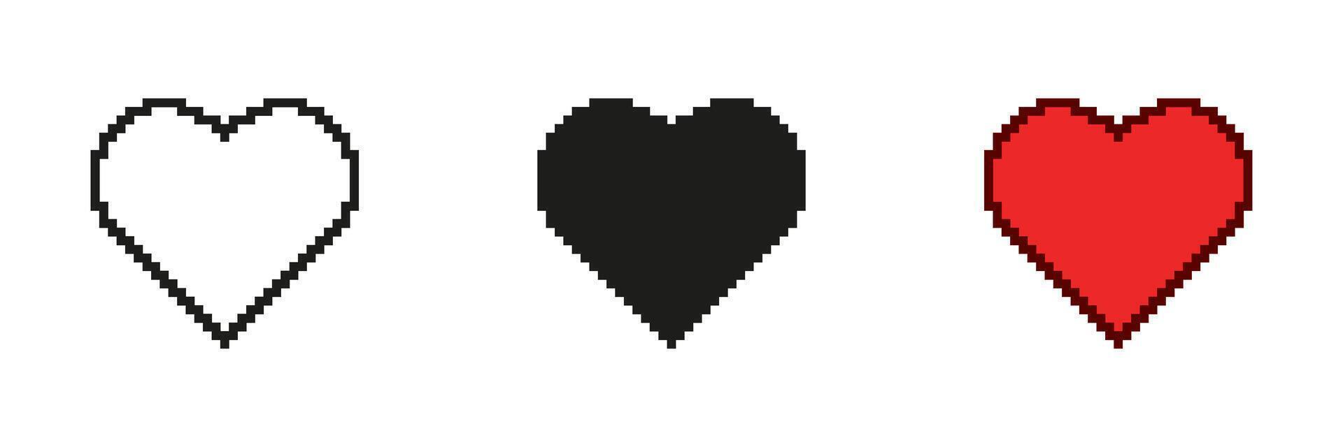 Heart Pixelated Icon Set. Pixel Art Depiction of Love and Affection. Symbol of Care and Passion. Isolated Illustration vector