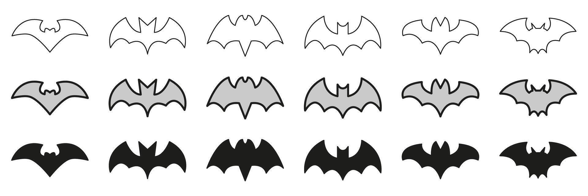 Bat Silhouettes In Line, Outline, And Glyph Icon Set. Night Mysterious Animal. Isolated Illustration vector