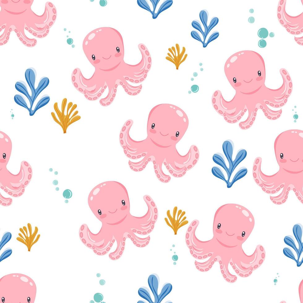 Cute pink octopuses with seaweed vector