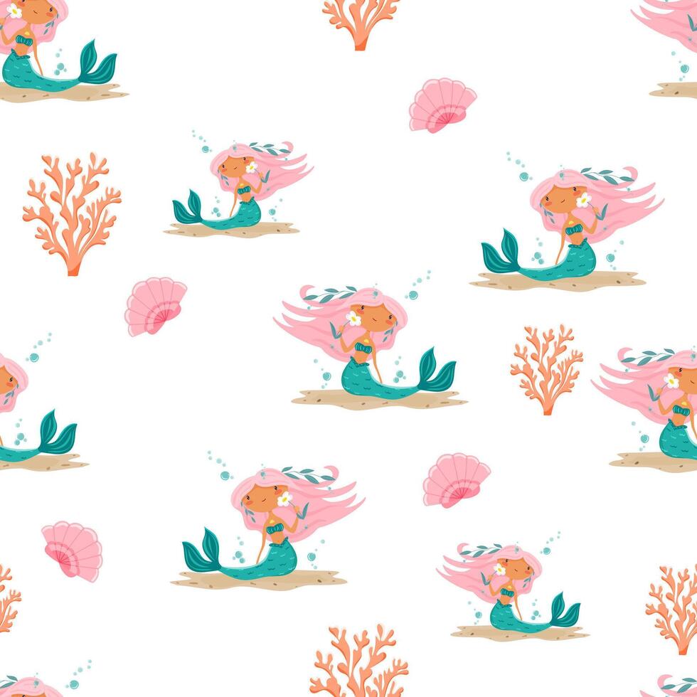 Cute mermaids with coral and shells vector