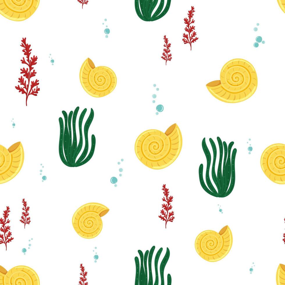 ocean pattern with shells and seaweed vector