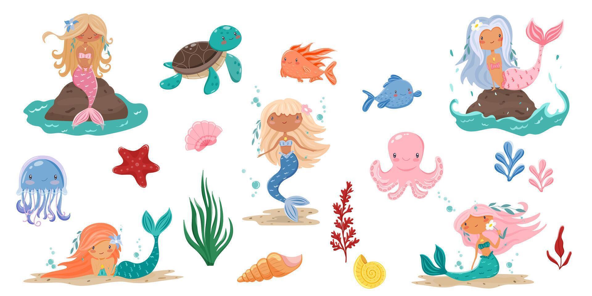 Set of mermaids and sea dwellers vector