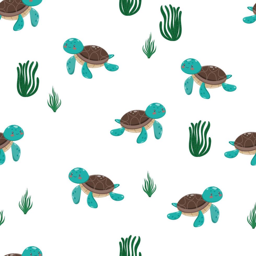 Cute turtles with seaweed pattern vector