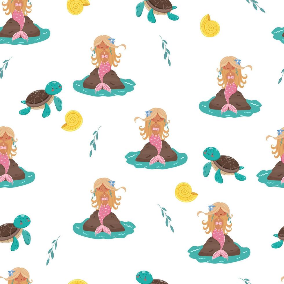 Mermaid and turtle cartoon pattern vector