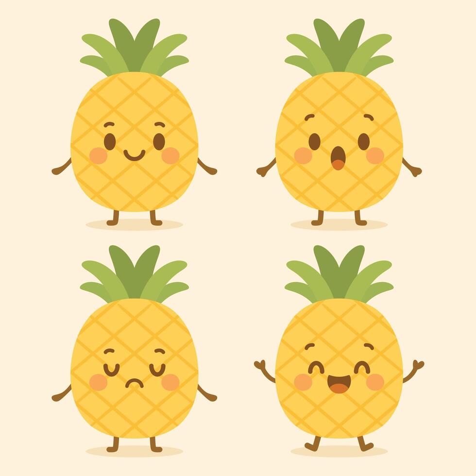 Pineapple characters with four distinct facial expressions suitable for graphic design projects, social media posts, and foodrelated marketing materials vector
