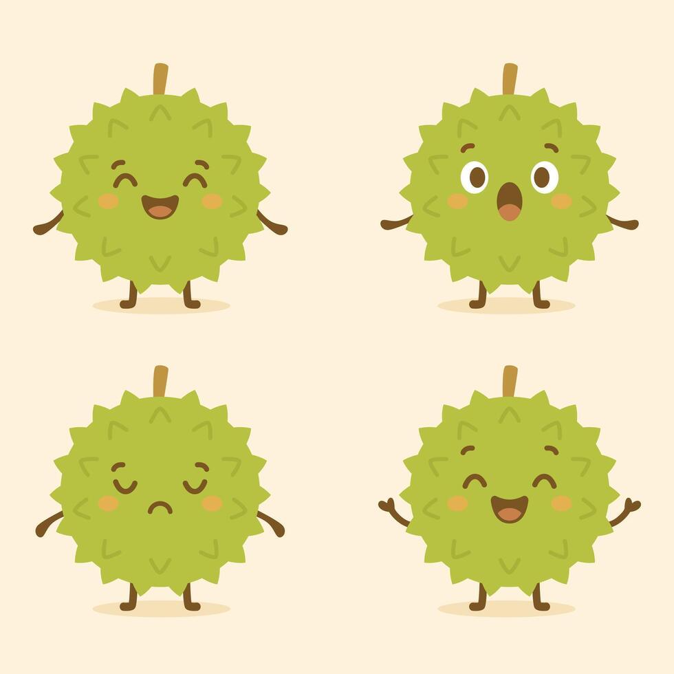 Adorable set of durian fruit characters with various expressions happy, surprised, sad, and cheerful. Perfect for stickers, kawaii designs, or fun fruit-themed projects vector
