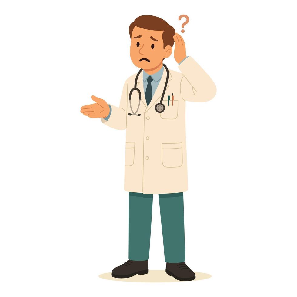 Confused male doctor with stethoscope, scratching head, expressing doubt in cartoon style vector