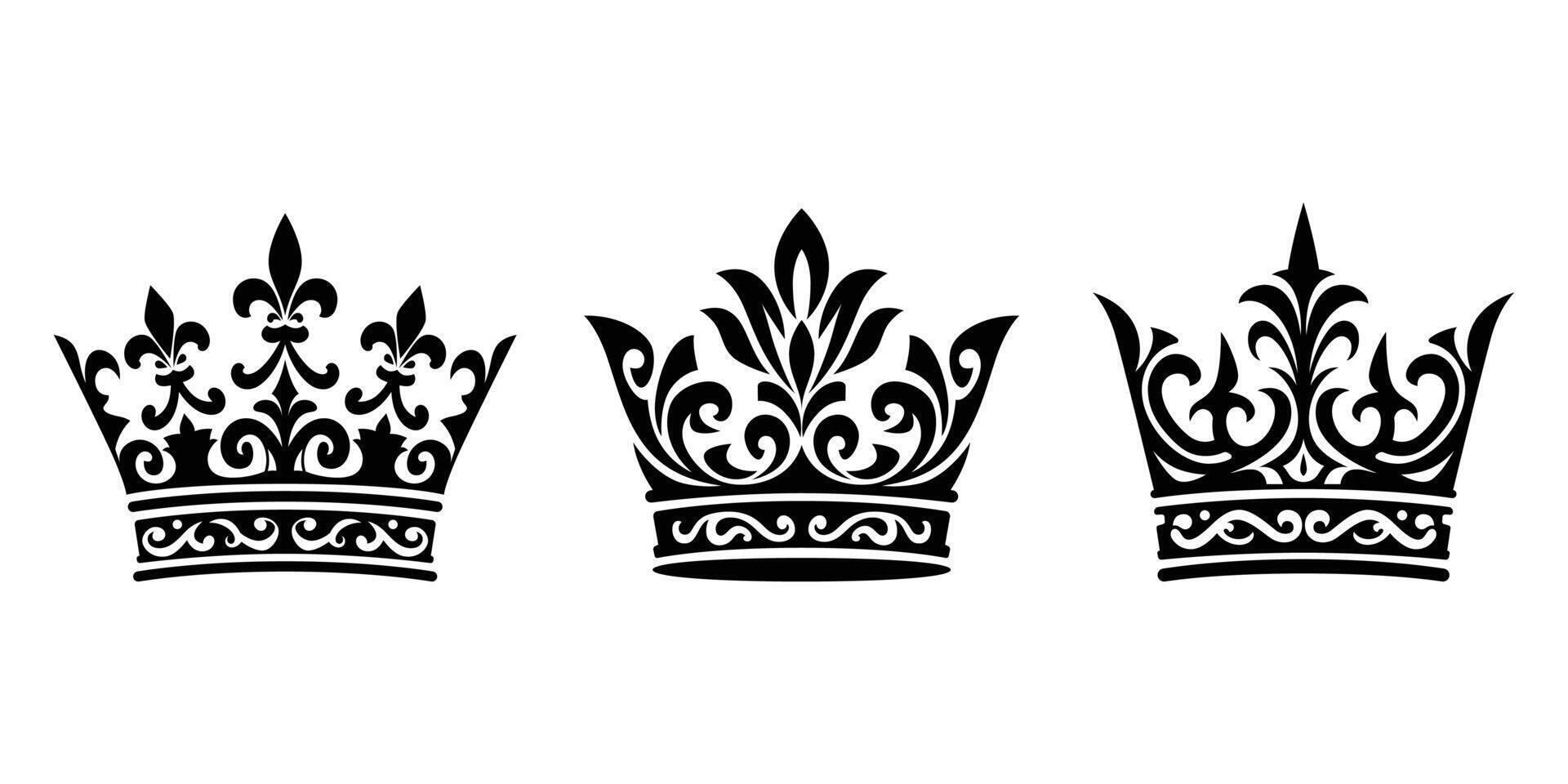 Elegant black ornamental crown icons set in vintage royal style, perfect for logos and decorations vector