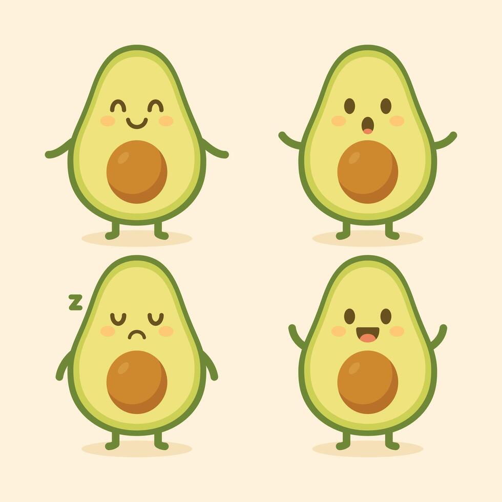 Avocado characters with four expressions suitable for social media, food blogs, and healthrelated designs, bringing smiles and a fun touch. vector