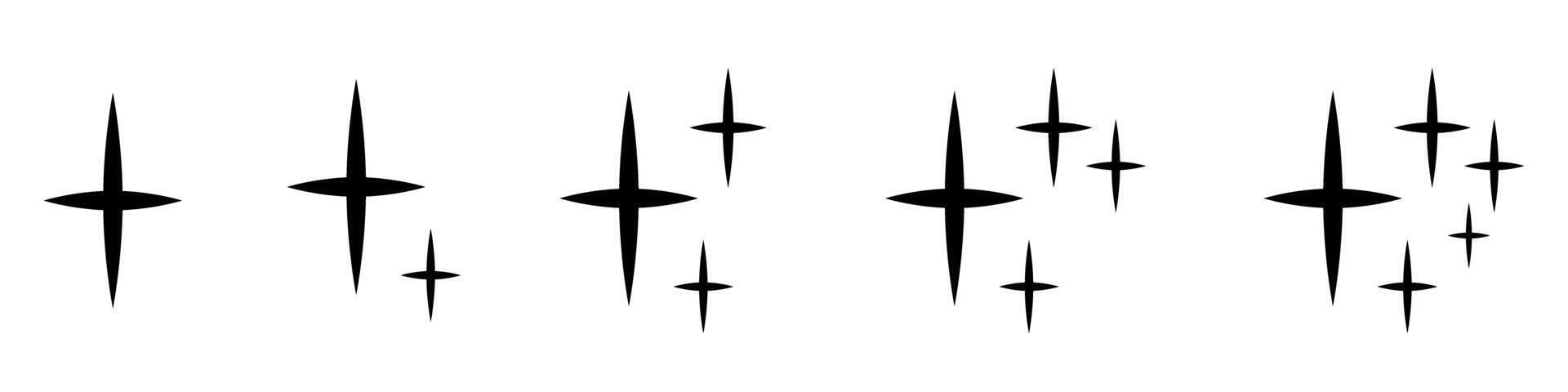 Black Sparkle Light Icon Set. Abstract Minimalist Starburst Glare Symbols. Set of abstract black stars. Simple Shiny Glow Elements for UI, Decor, Stickers, Backgrounds, Celestial or Magic Concepts vector