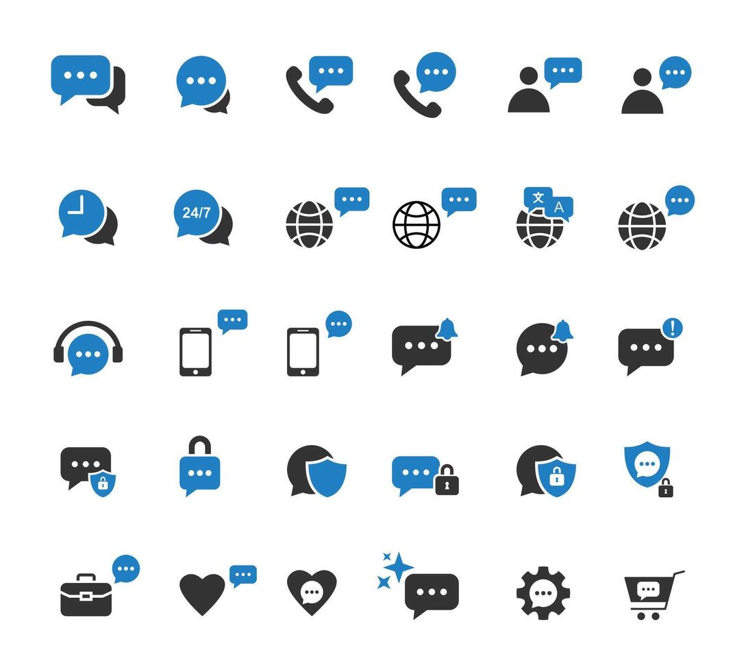 Communication Chat and Customer Support Icons Collection. Global Language, Call Center, Secure Messaging, Notification, Mobile, Headset, Business, Cart, Gear, Heart, Lock, Shield icons Set vector