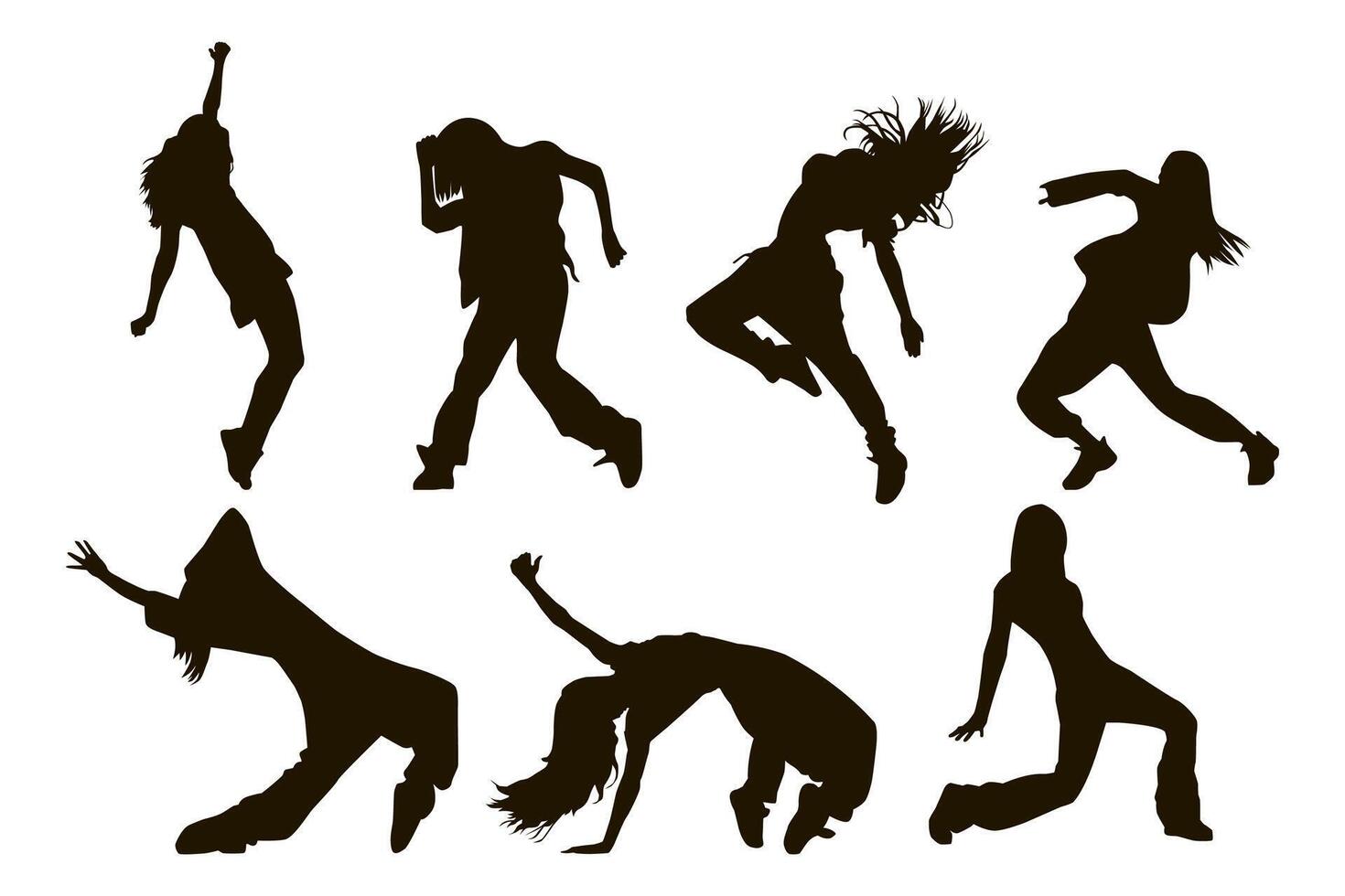 Set of silhouette people dancing hip-hop. vector