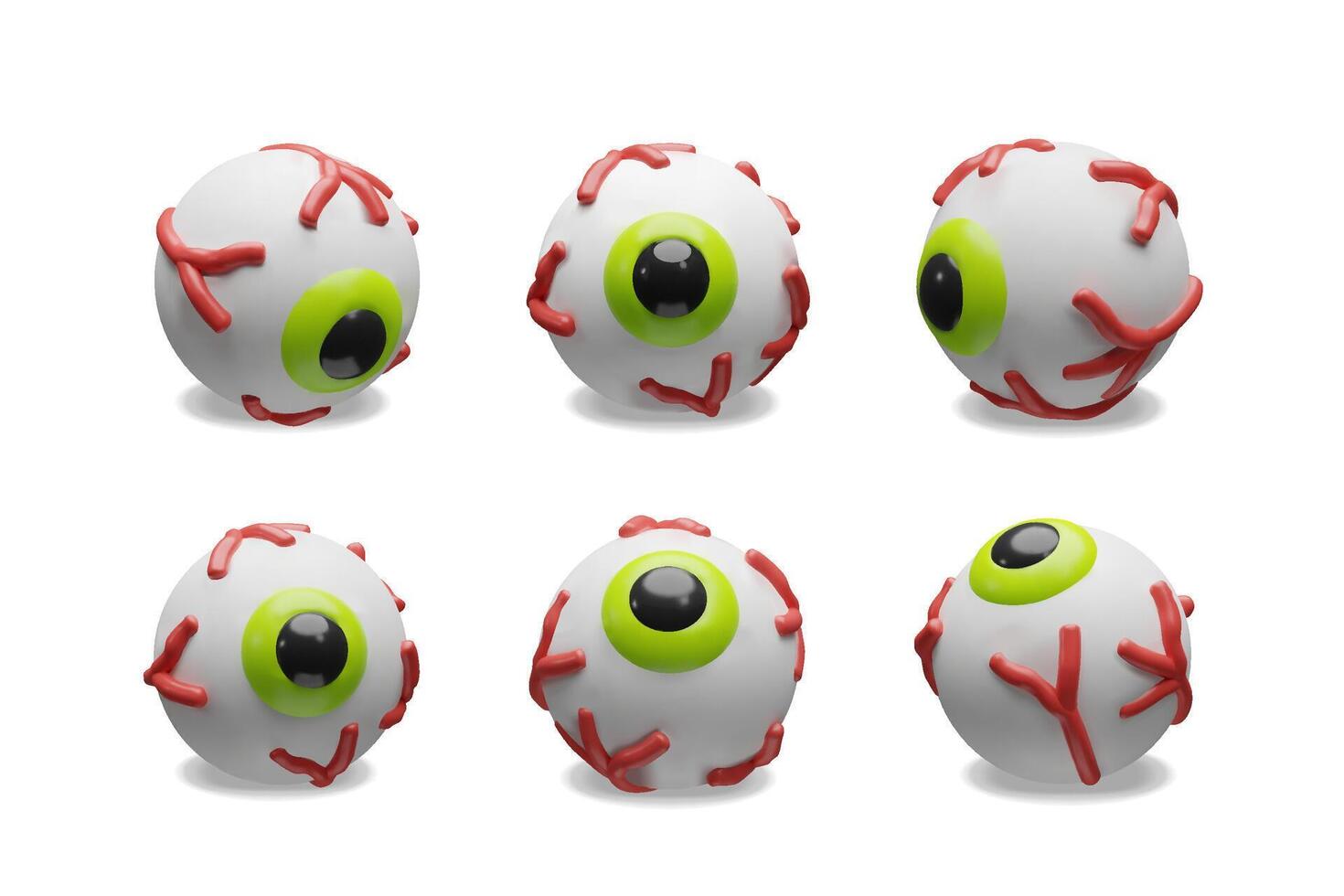 A 3D illustration of six stylized eyeballs featuring vibrant green irises and exaggerated red veins. This set ideal for Halloween themes, horror visuals, medical concepts, and character animations. vector