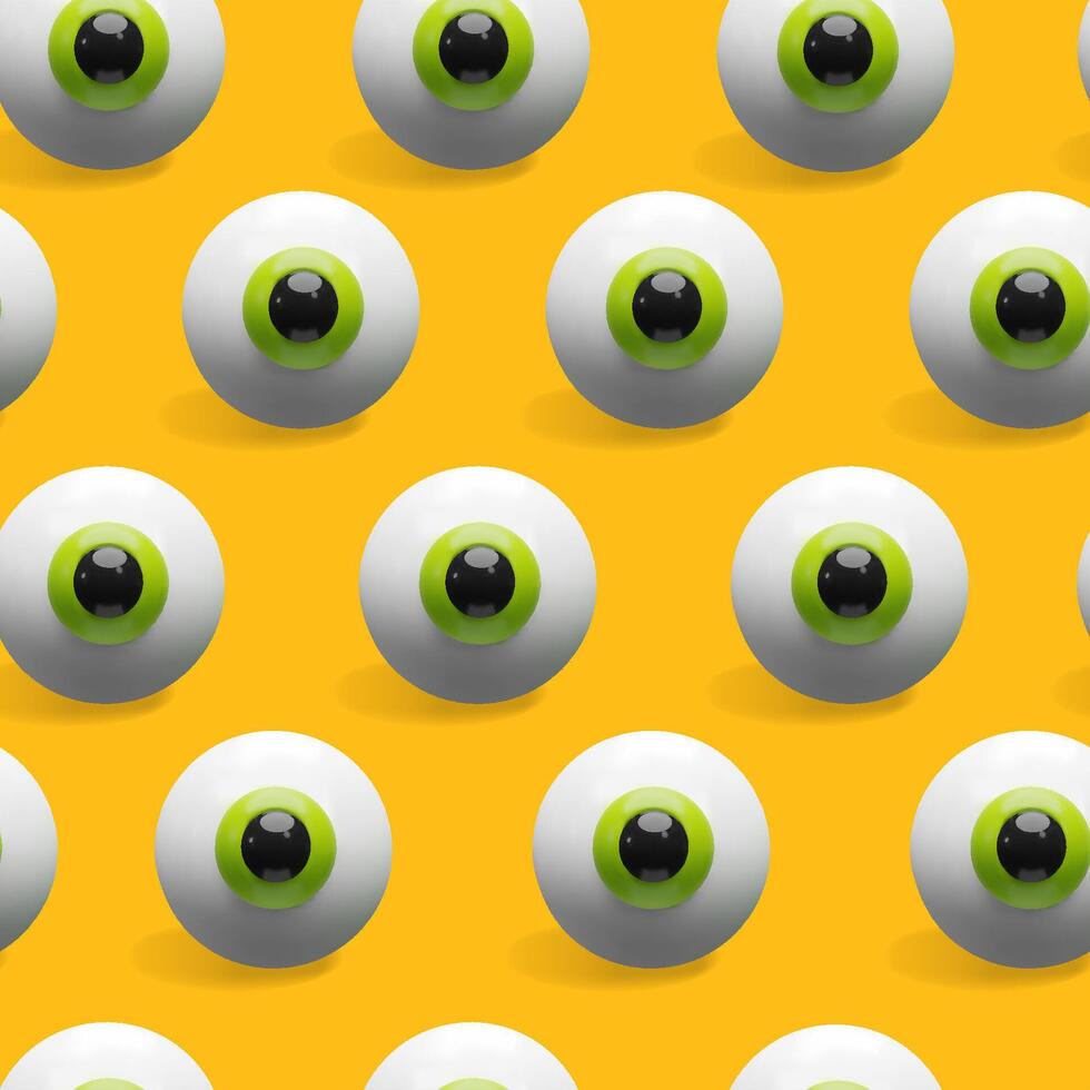 Seamless 3D pattern of cartoon eyeballs on a bright orange background. Playful and bold style, great for Halloween designs, eye health campaigns, wrapping paper, and textile prints. vector